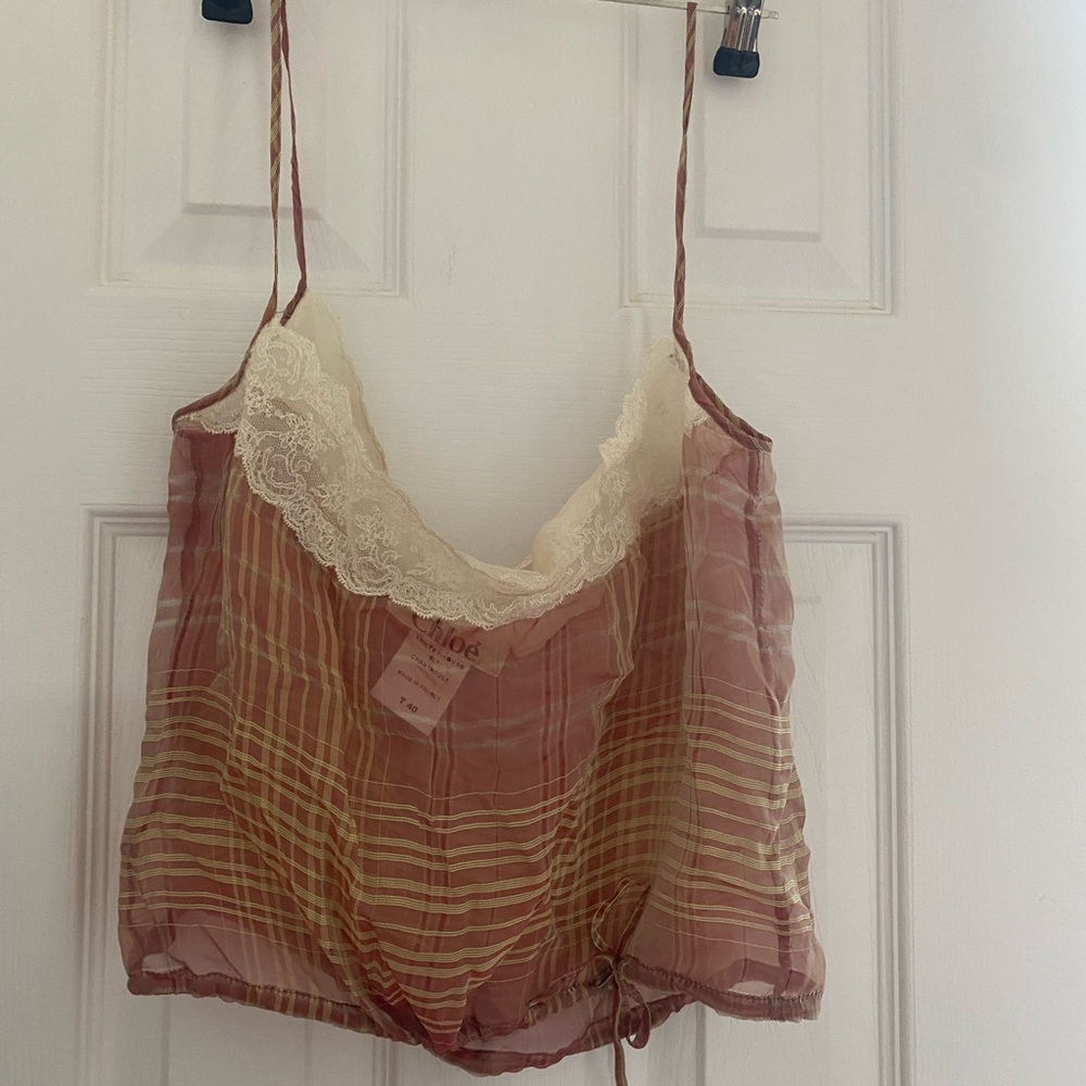 Chloe Pink Striped Silk Lace-Trim Camisole Top